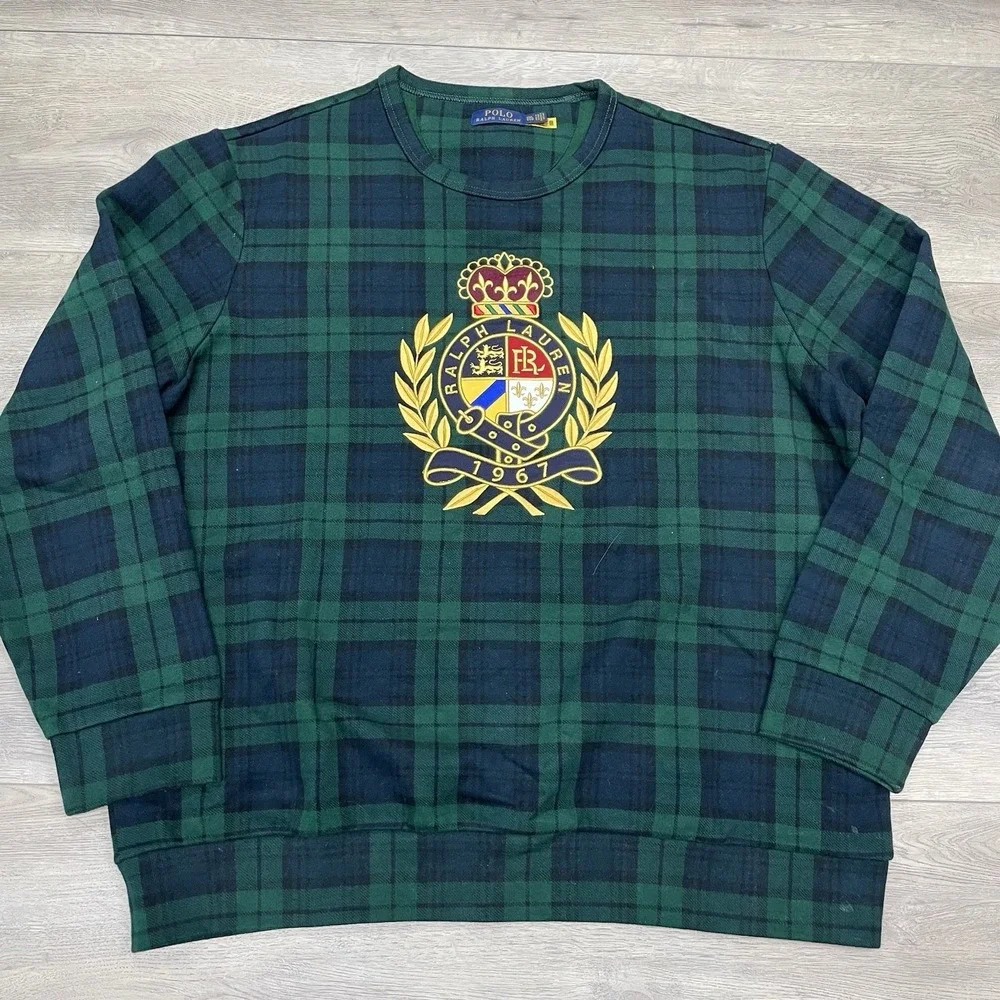 Polo Ralph Lauren Tartan Plaid Crest Crewneck Sweatshirt Men Sz XXL READ Prep